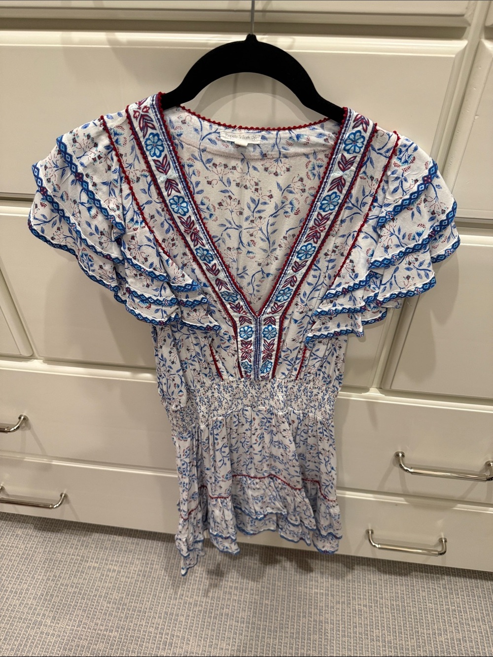 Poupette St. Barth White Floral V-Neck Ruffle dress with Blue & Red Trim